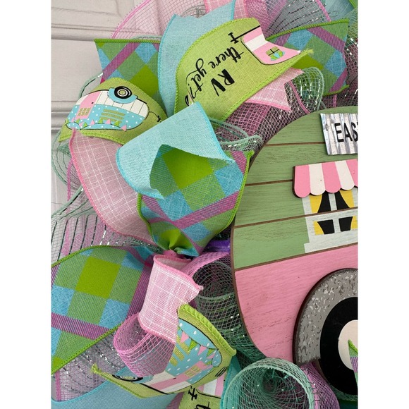 Pink Mint Green Camper Mesh Ribbon Easter & Spring Wreath Front Door Hanger xxx - Picture 4 of 10